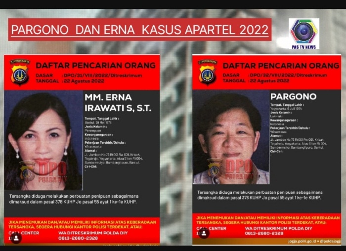 Nand Kumar Gelar Sayembara Ratusan Juta  Rupiah Tangkap  Pasutri Pargono - Erna Irawati Jadi Dpo Polda DIY Kasus Apartel 